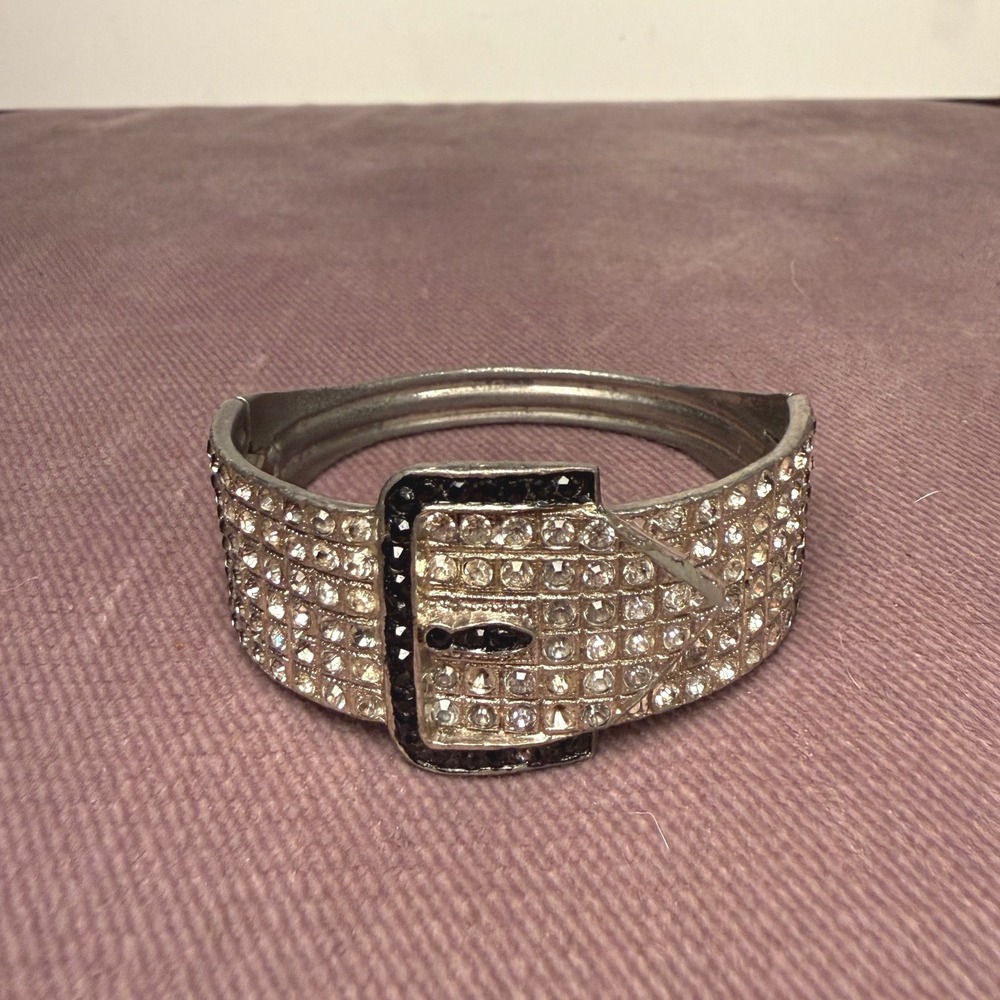 Vintage Silver Tone Rhinestone Hinged Bangle Bracelet Buckle Accent Y2K Jewelry